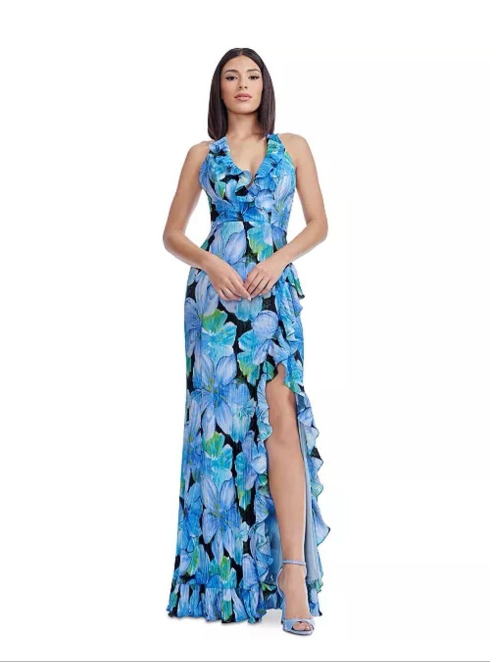 Dress the Population Kathleen Ruffle-Trim Halter Gown Cobalt Multicolor XS